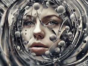 Surreal portrait of a woman's face surrounded by swirling metallic and spherical shapes. The expression is neutral, colors are monochrome and futuristic