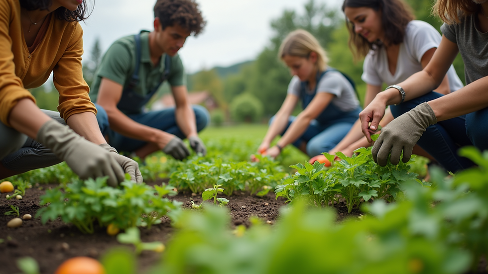 Wide angle view of a community garden bustling with activity