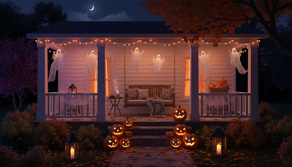 Wide-angle view of a decorated porch glowing with pumpkins and ghost props