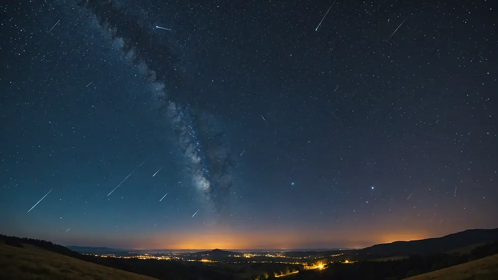 Wide angle view of a starry night sky filled with meteors