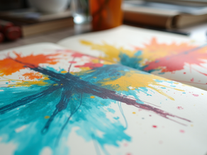 Close-up view of an artist’s sketchbook filled with colorful abstract drawings