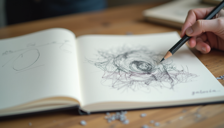 A hand sketches abstract art in a notebook on a wooden table. The page shows swirling lines and the word "galaxia." Pencils and shavings nearby.
