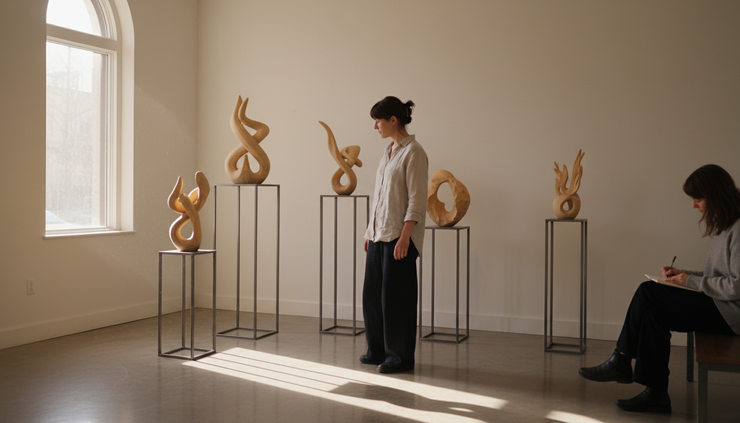 Eye-level view of a person studying unusual shapes in a quiet art gallery.