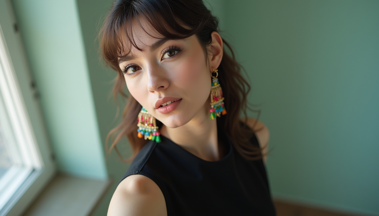 Eye-level view of a woman wearing oversized colorful earrings with a simple black dress