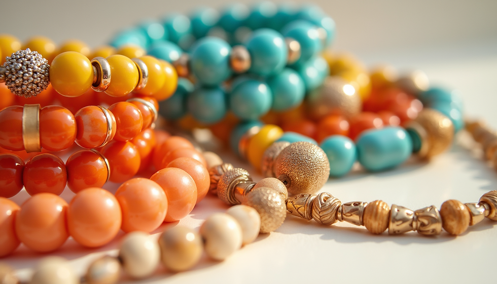 Close-up view of colorful summer jewelry pieces including chunky bracelets and layered necklaces