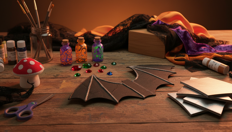 Close-up view of handmade Halloween costume props on a craft table
