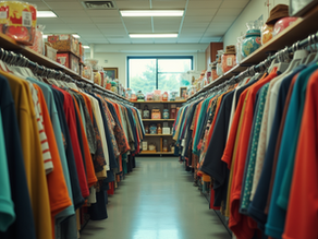 Eye-level view of a vibrant thrift store filled with colorful clothing