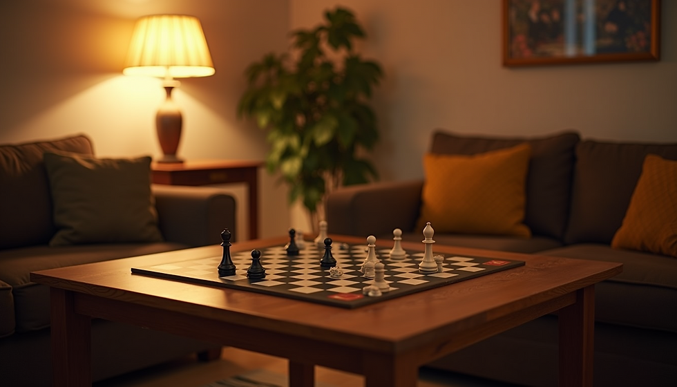 Eye-level view of a cozy living room with a board game set up on a wooden table