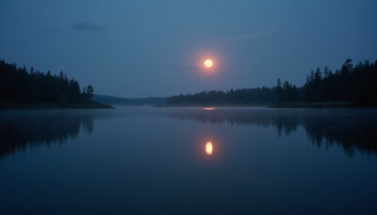 Eye-level view of a calm lake reflecting the full Strawberry Moon at dusk