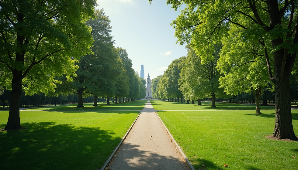Wide angle view of lush greenery and park pathways