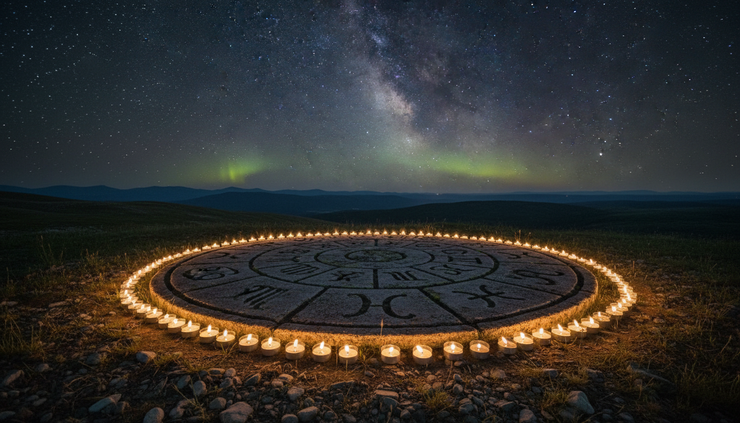 Wide-angle view of a zodiac wheel under a starry summer sky.