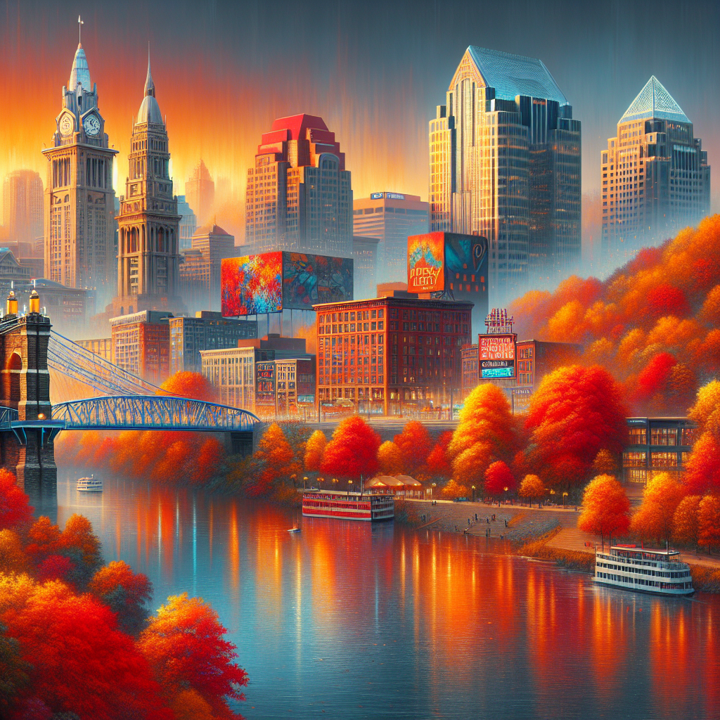 Cityscape at sunset with a bridge over a river, vibrant red-orange trees, skyscrapers, and billboards. Reflections create an autumnal atmosphere.