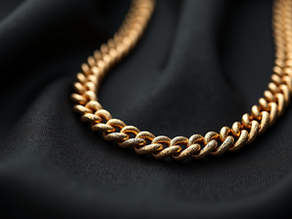 Close-up view of chunky gold chain necklace on a dark fabric background