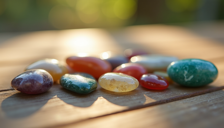 Close-up view of various colorful healing stones arranged on a wooden surface