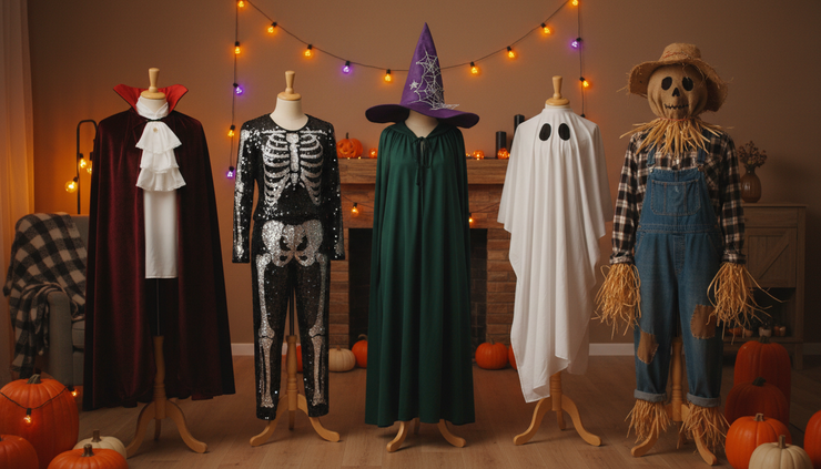 Eye-level view of classic Halloween costumes displayed on mannequins in a cozy decorated room