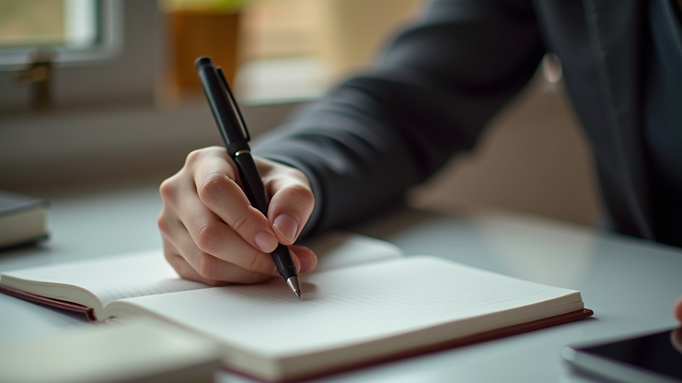 Close-up view of a person writing in a journal about career goals