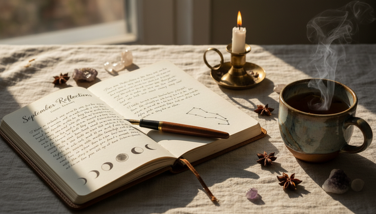 Close-up view of a handwritten astrology journal open to September reflections