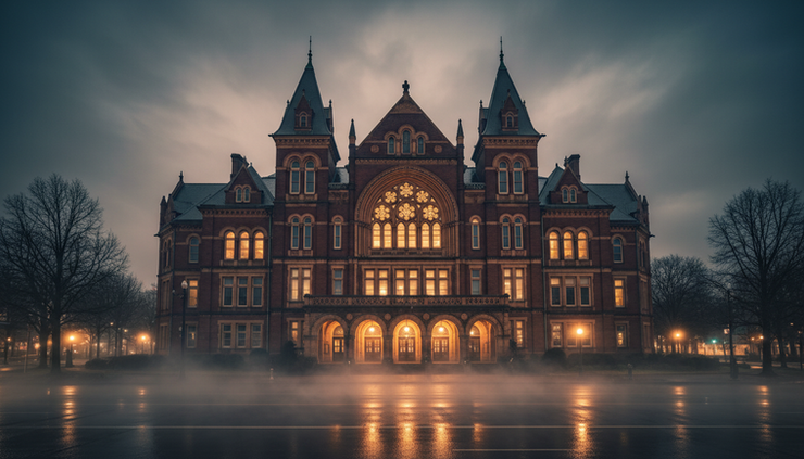 Wide-angle view of Cincinnati Music Hall at night under a cloudy sky.