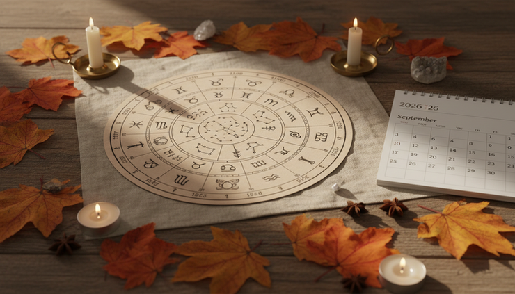 Wide-angle view of a zodiac wheel resting beside autumn leaves and a September calendar