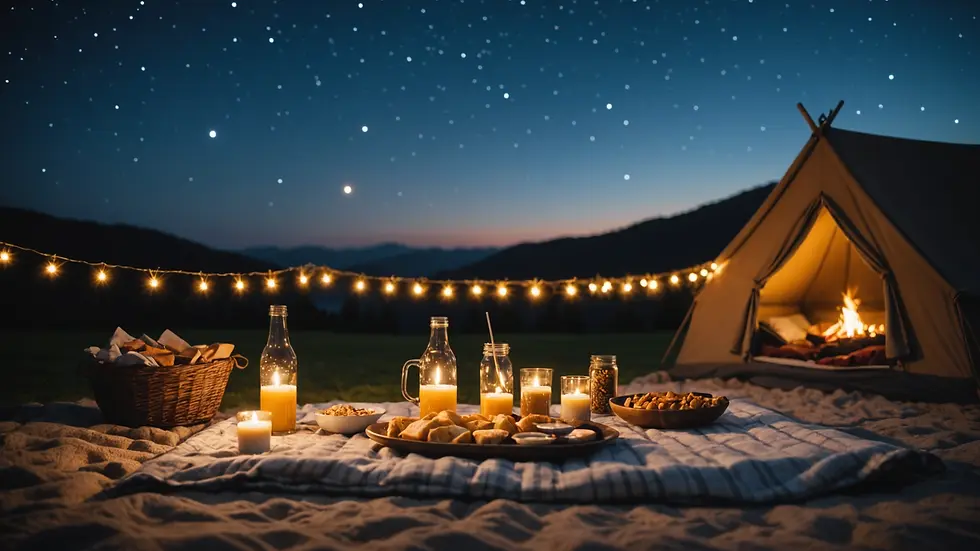 Eye-level view of a cozy setup with blankets and snacks under the stars