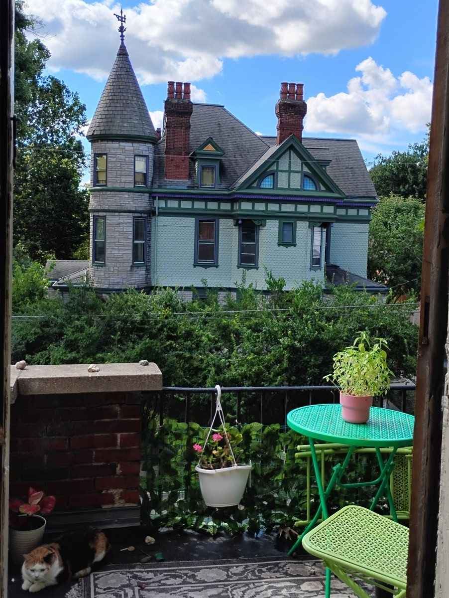 Victorian house with turret under a blue sky, seen from a balcony with a green table, hanging plant, and a cat resting below.
