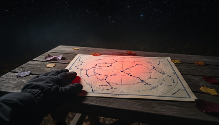 Close-up view of a printed star chart showing Orion, Taurus, and Gemini under a red flashlight.