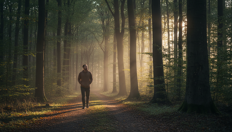 Wide-angle view of a person walking alone on a quiet wooded path at sunrise.