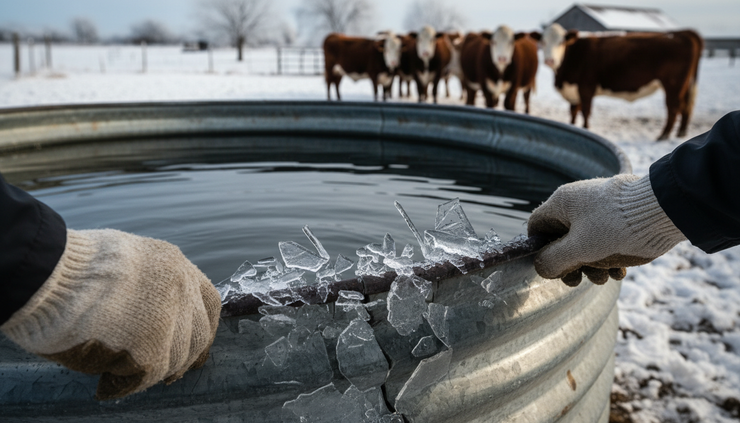 Close-up view of gloved hands checking a frozen livestock water trough.