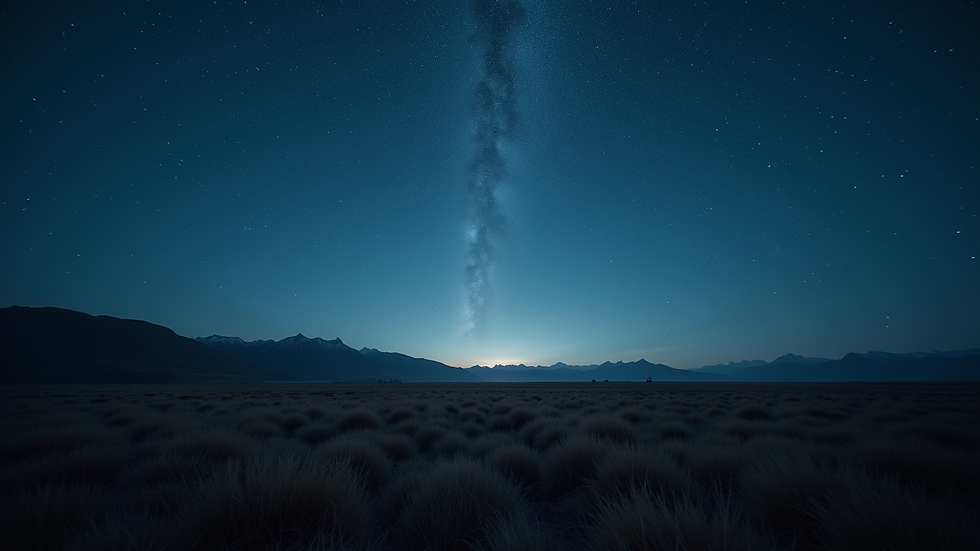 Eye-level view of a serene landscape under a starry sky