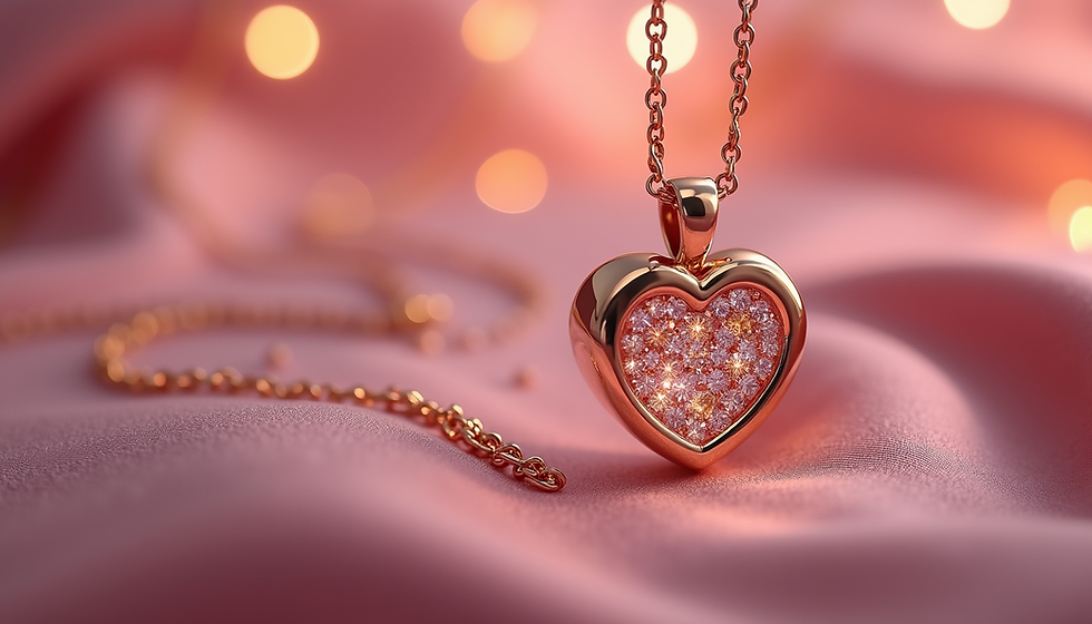 Close-up view of a rose gold heart-shaped pendant necklace on a velvet background