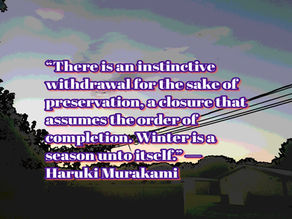 Silhouetted trees and houses against a pastel sky with the quote "There is an instinctive withdrawal..." by Haruki Murakami in bold text.