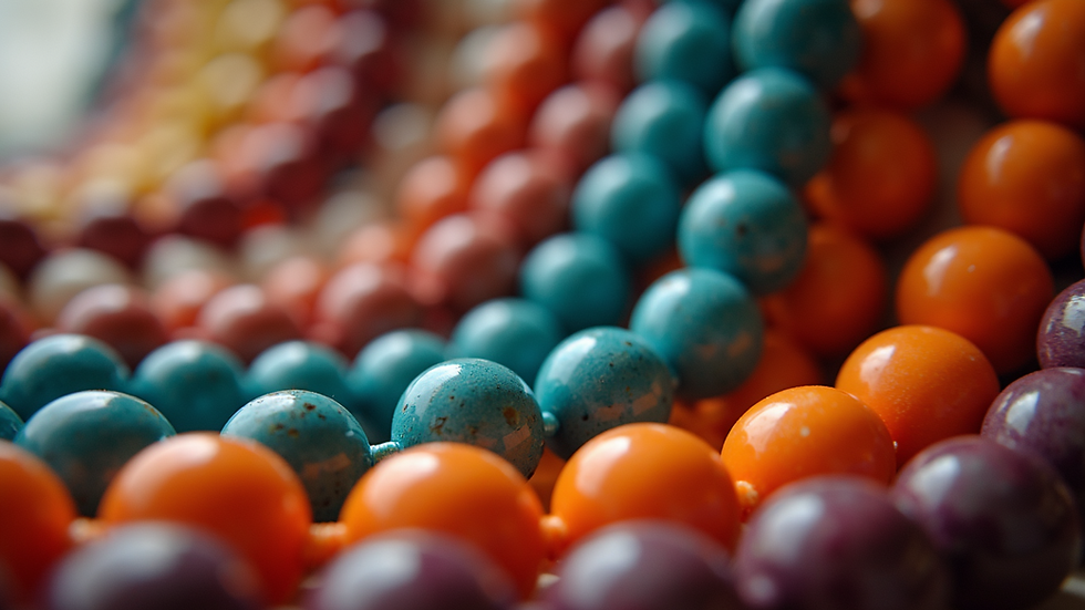 Close-up view of colorful beaded necklaces arranged artfully