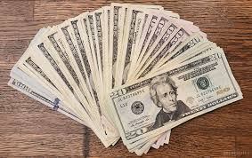 Fanned spread of US twenty-dollar bills on a wooden surface, showcasing Andrew Jackson's portrait. The scene feels organized and tidy.