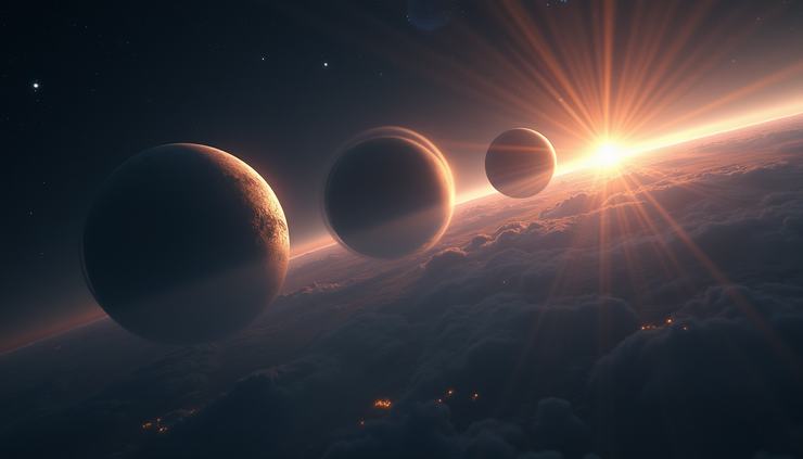 Eye-level view of three bright planets aligned in the early morning sky