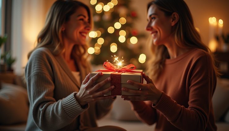 Eye-level view of a couple exchanging gifts in a cozy home setting