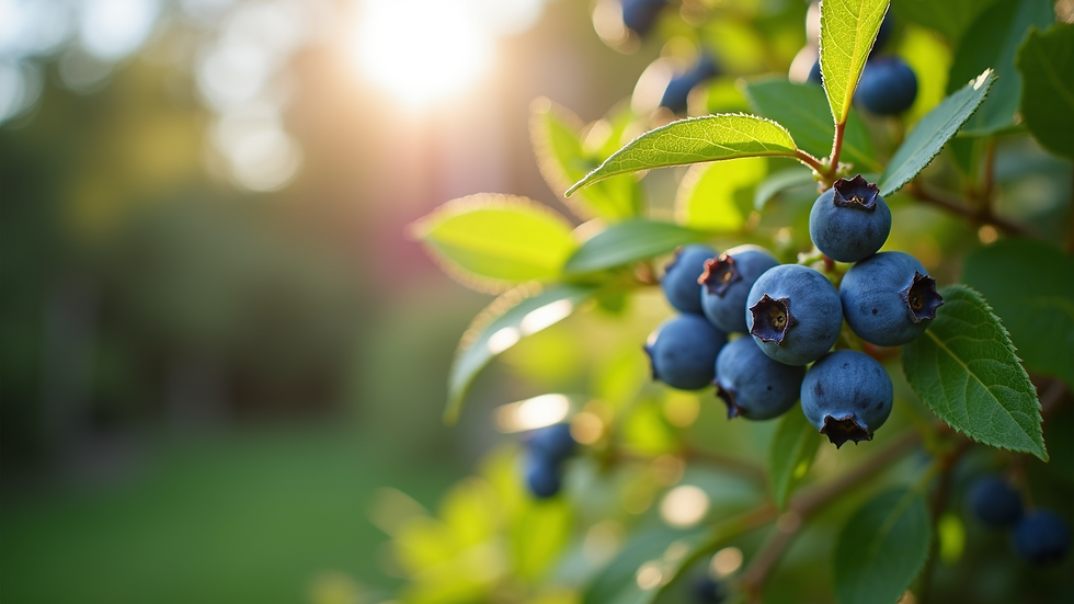 Eye-level view of a blueberry bush in a sunlit garden