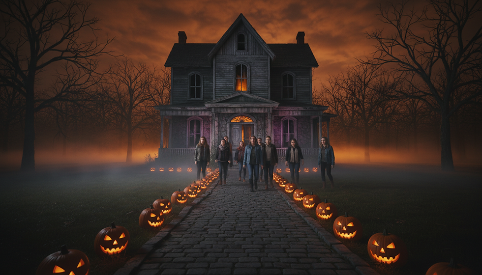 Wide-angle view of a glowing haunted house entrance on a chilly fall night.