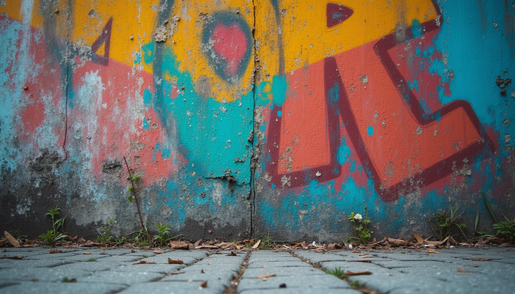 Eye-level view of a weathered urban wall covered in colorful street art