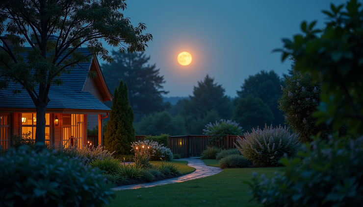 High angle view of a serene garden illuminated by moonlight during the Strawberry Moon