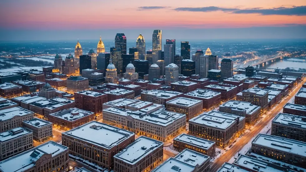 High angle view of snowy Cincinnati skyline
