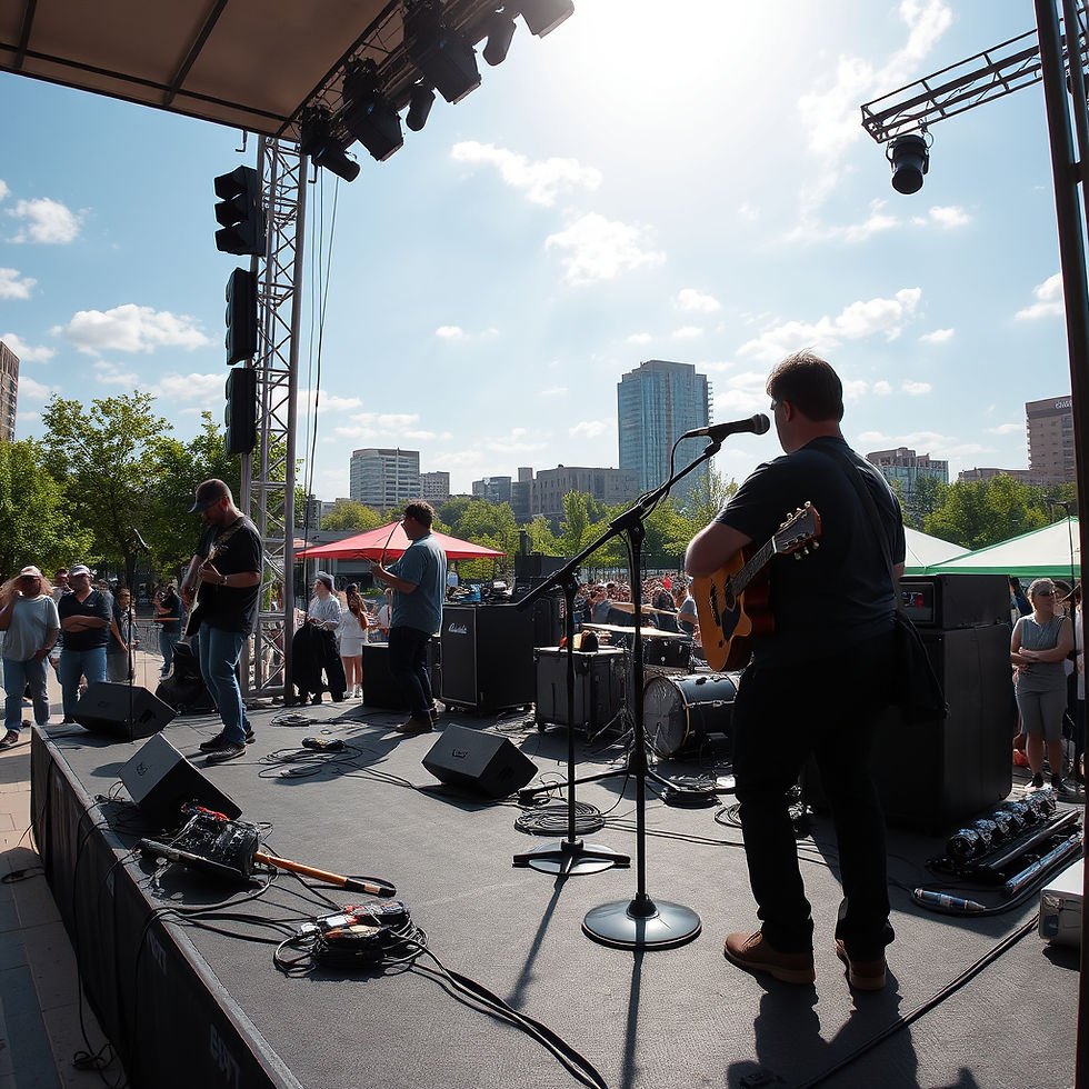 Band performing on an outdoor stage with guitars and microphones. Sunlit cityscape in background, and a crowd watching under a clear sky.
