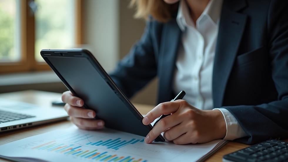 Close-up view of a teacher using AI analytics on a tablet