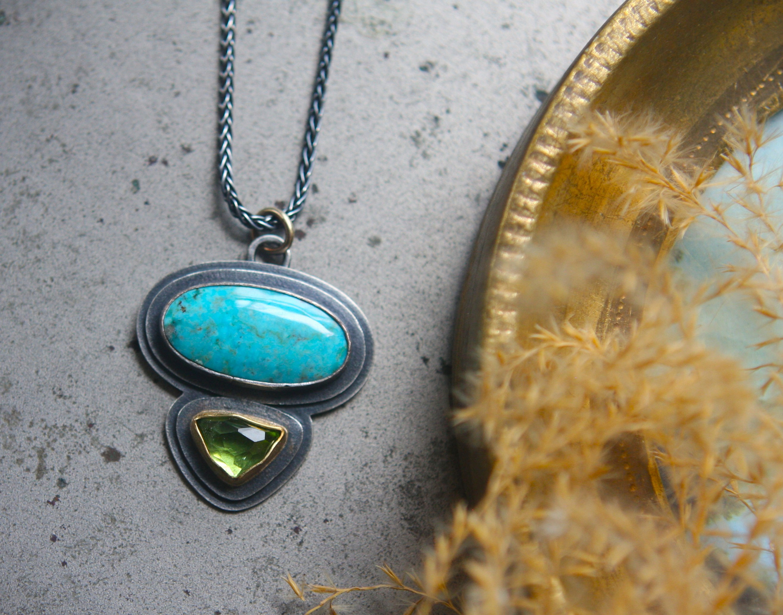 ON HOLD for Mia!!   Turquoise and Peridot set in  Silver and 18K Gold with Chain