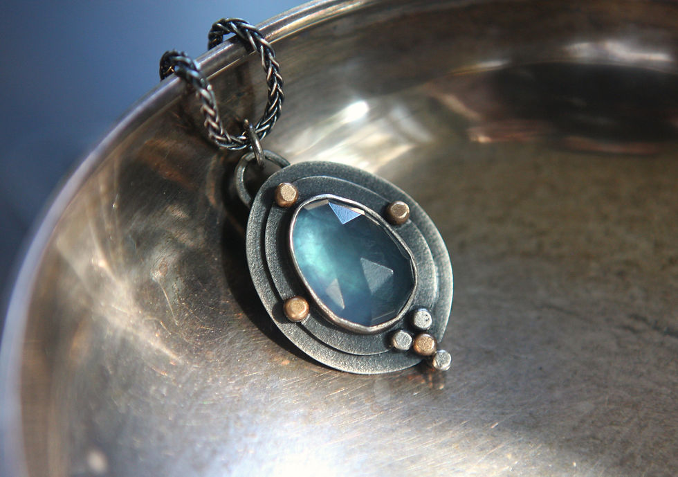 Thumbnail: Rich Blue Aquamarine Set In Layered Silver and 14K Gold w/Silver Wheat Chain