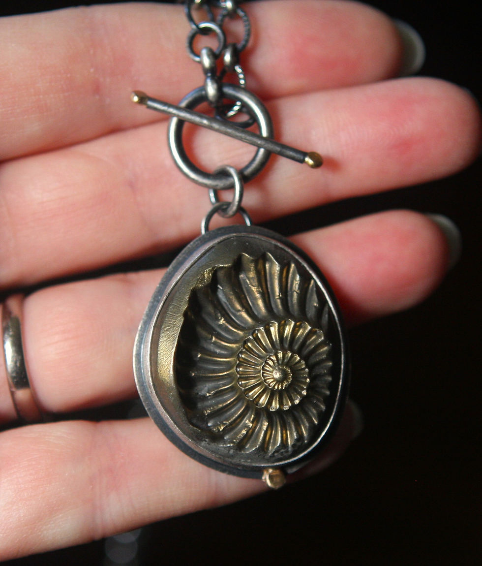 Thumbnail: Amazing Pyritized Ammonite Negative Fossil Set In Silver and 14K Gold w/Chain