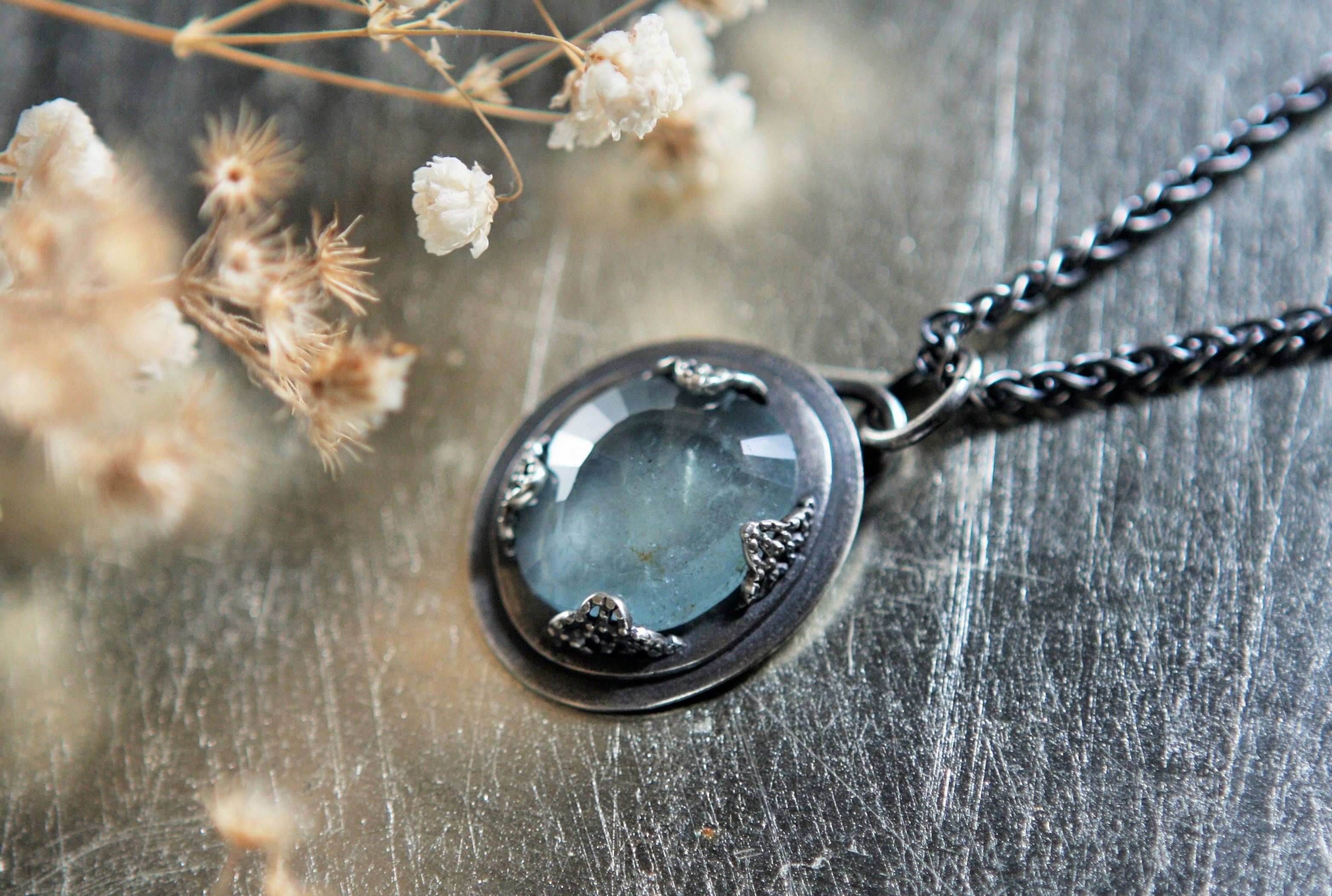 Drop of Heaven, Rose Cut Aquamarine In Sterling Filigree Setting w/ Silver Chain