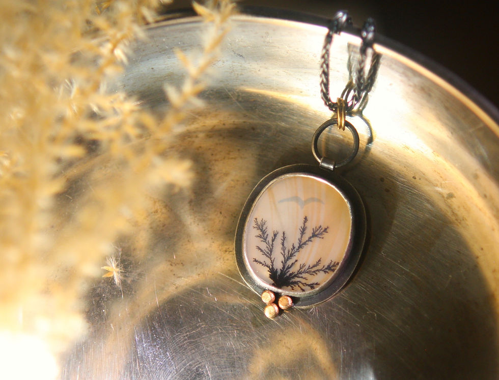 Thumbnail: Dendritic Agate Set in Sterling Silver and 14K Gold with 18K jumprings and Chain