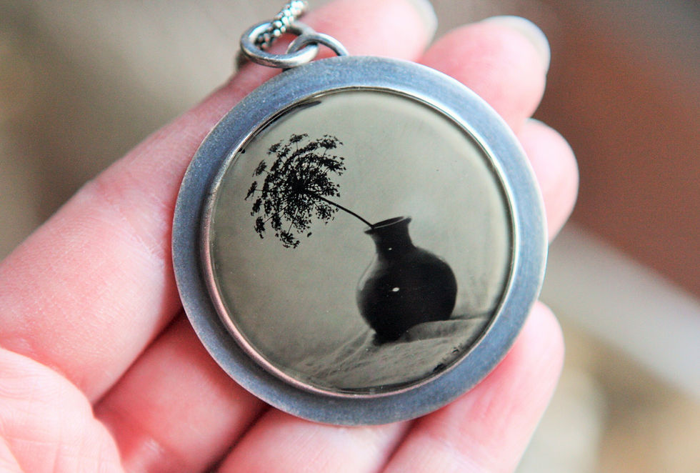 Thumbnail: Queen Anne's Lace In a Vase, Collodion Ambrotype Set In Sterling Silver w/ Chain