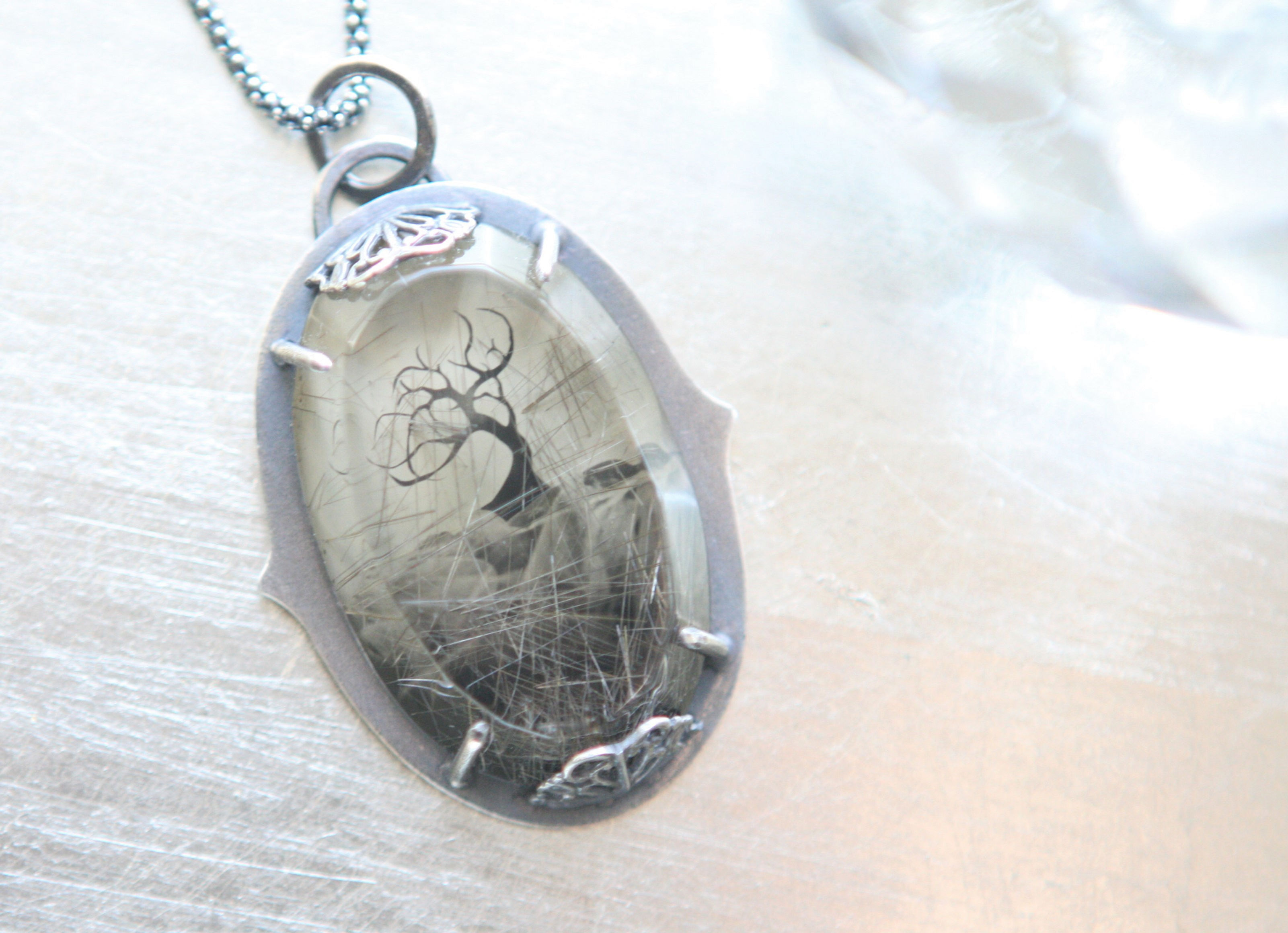 RESERVED for J...!! Tree Collodion Image On Rutilated Clear Quartz Set In Silver