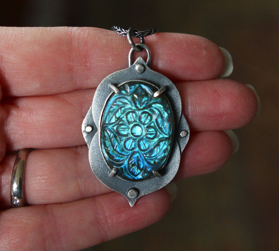 Thumbnail: Hand Carved Shimmering Labradorite Stone Set In Layered Silver w/Chain
